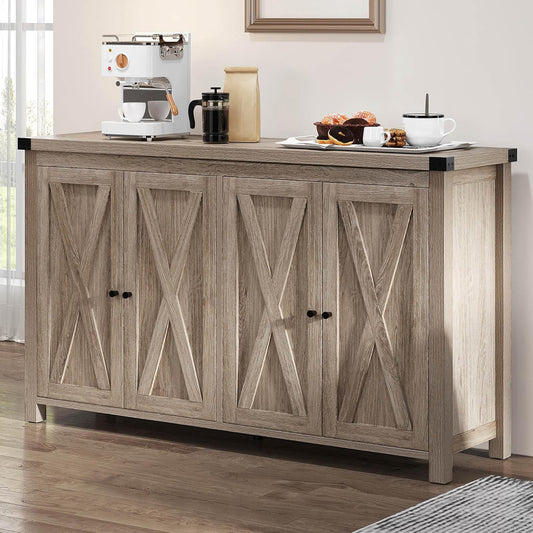YITAHOME Buffet Cabinet with Storage, 55'' Modern Farmhouse Coffee Bar Cabinet w/4 Doors ＆Adjustable Shelf, Wood Large Kitchen Storage Cabinet with Barn Doors for Kitchen, Living Room, Grey-Brown