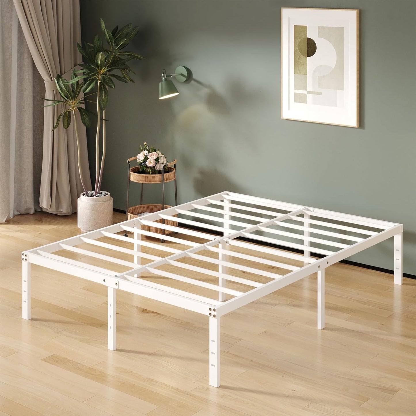 16 Inch White Full Size Bed Frame No Box Spring Need, Metal Platform Full Bed Frames with High Storage, Eassy Assembly 3,500 lbs Heavy Duty Bedframes