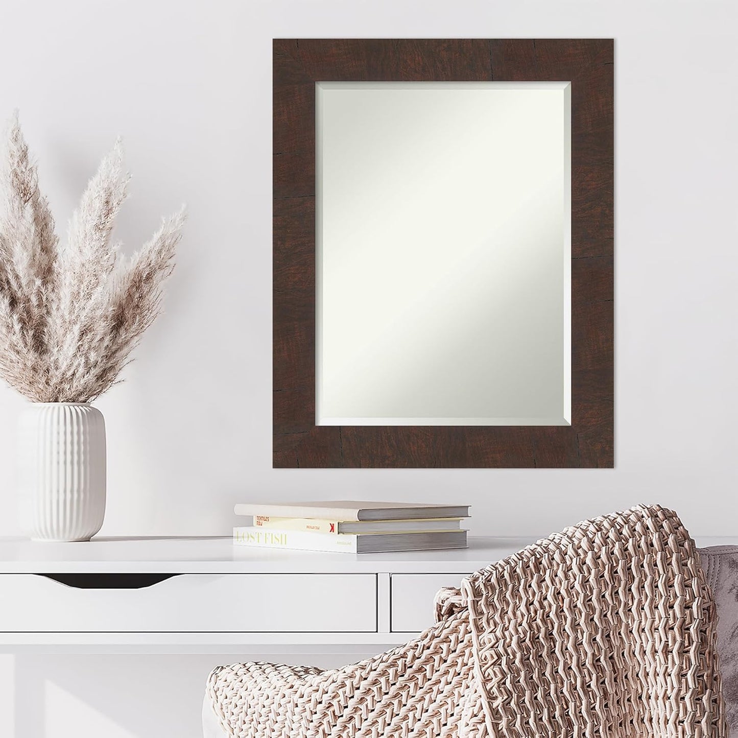 Amanti Art Brown Wall Mirror 29x23 Wildwood Brown Rectangle Bathroom Mirror for Wall Decor Living Room, Medium Rustic Farmhouse Frame, Hangs Horizonally and Vertically, Bathroom Decor, Beveled Edge
