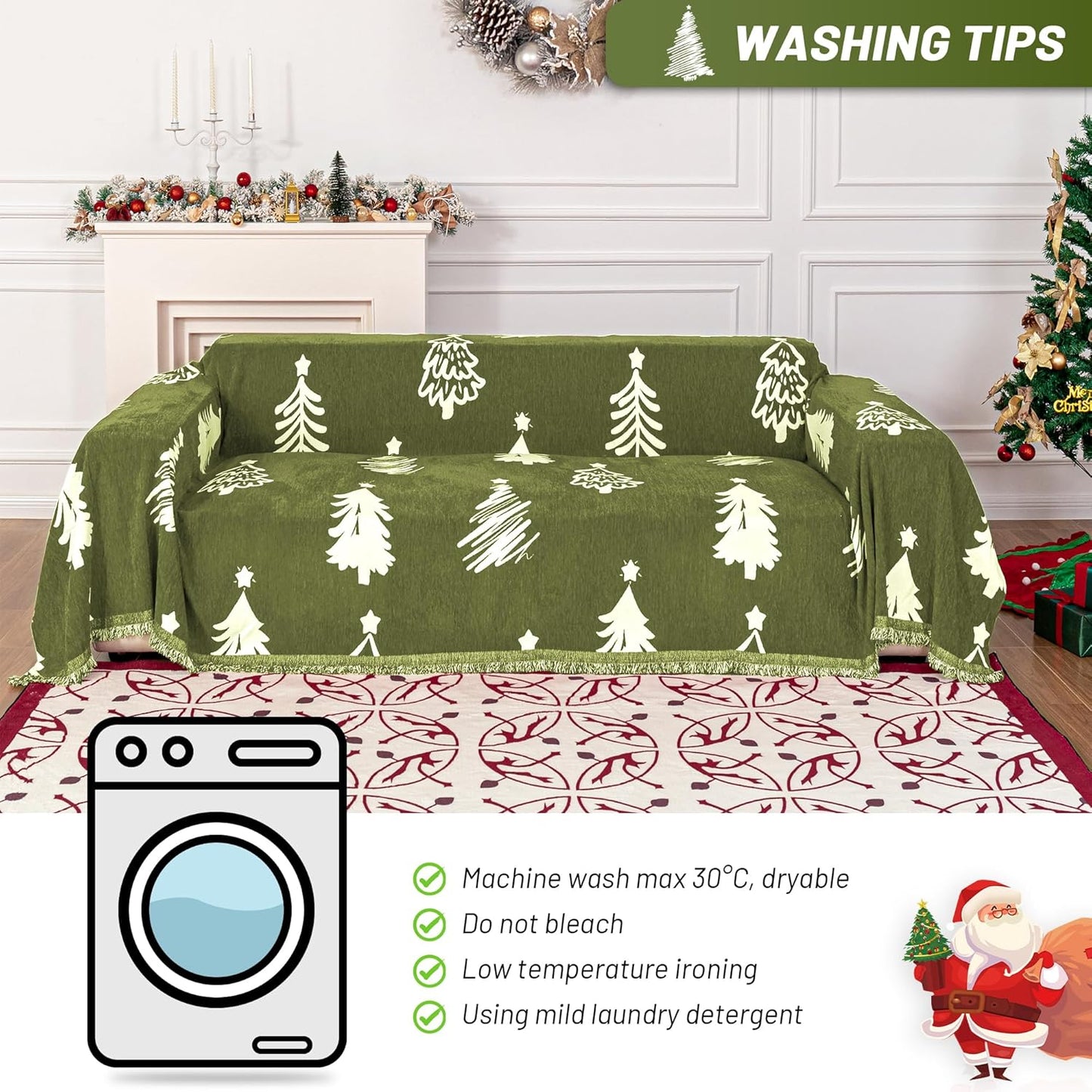 MYSKY HOME 71X134 inches Sofa Christmas Couch Cover, Sectional Sofa Covers Sofa Slipcover for 3 Cushion Couch, L Shape Couch Covers for Dogs, Washable Sofa Blanket, Furniture Protector, Green