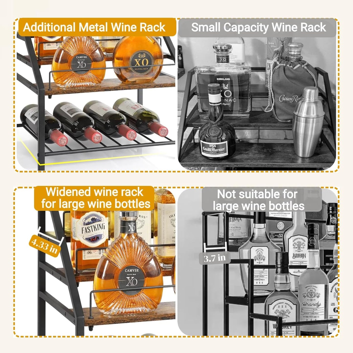 VINAEMO Wine Racks Countertop, 3-Tier Liquor Bottle Display Shelf, Coffee Syrup Organizer, Small Wine Rack, Wine Bottle Holder for Whiskey Bar, Retro Bar Shelves for Home Bar