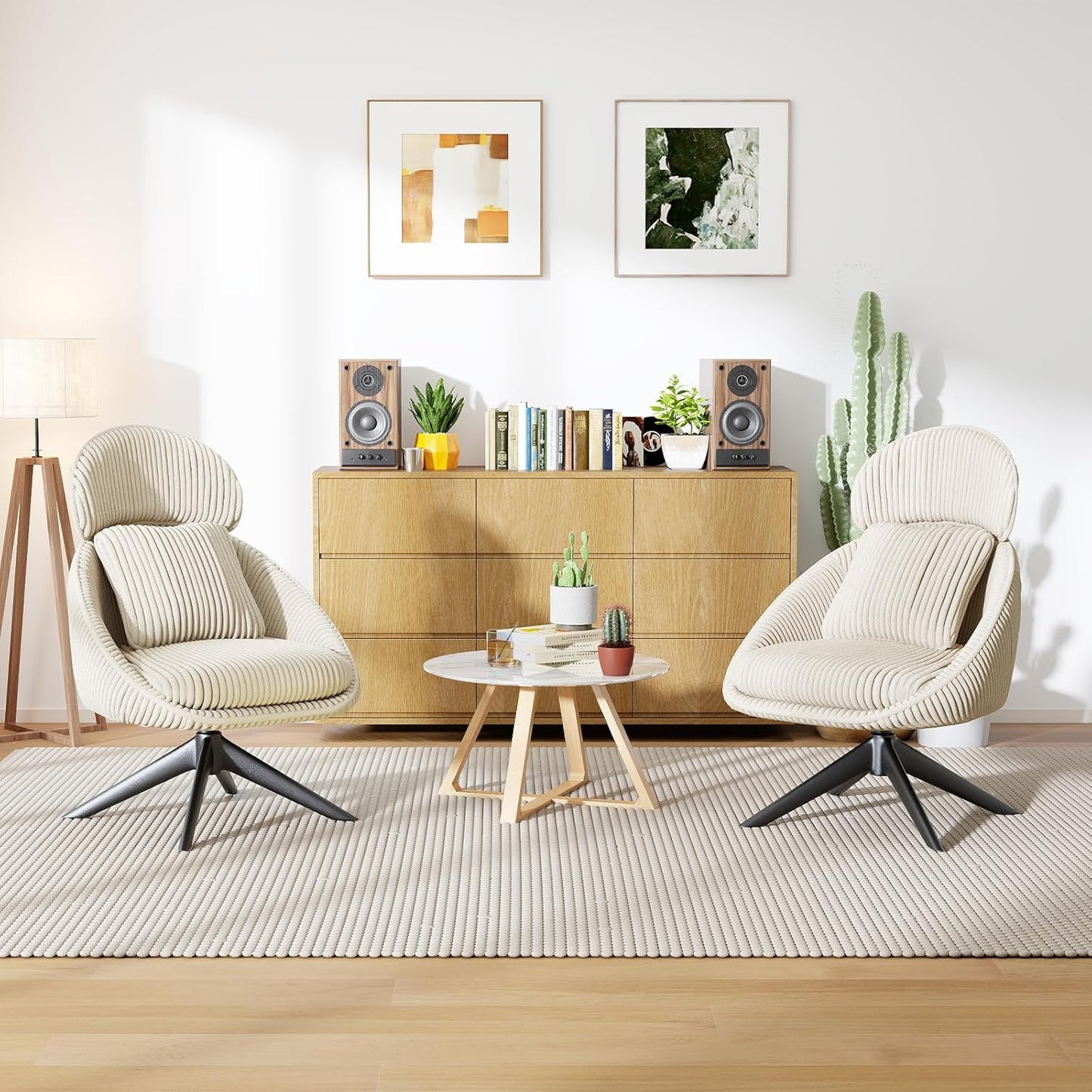 Furniliving Modern Accent Chair Upholstered Swivel Desk Chair for Living Room, Sofa Chair for Bedroom Armchair Side Chair with Headrest Bedroom Chair with Pillow Comfy Corduroy Chairs, Beige