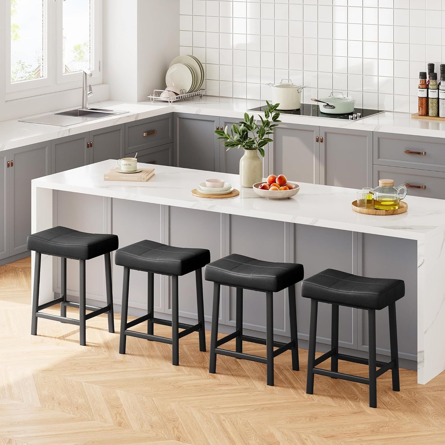 GarveeHome Counter Height Bar Stools Set of 4, 24 Inch Barstools for Kitchen Island Counter, Upholstered Padded Saddle Chairs with Curved Cushion, Easy Assembly, Black