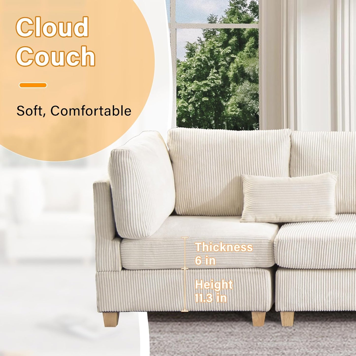 126" Convertible L-Shaped Modular Sectional Sofa, 4 Seater Corduroy Upholstered Corner Sofa Couch with Extra Wide Deep Seat, DIY Combination Lounger Sofa with Solid Wood Legs for Living Room Office