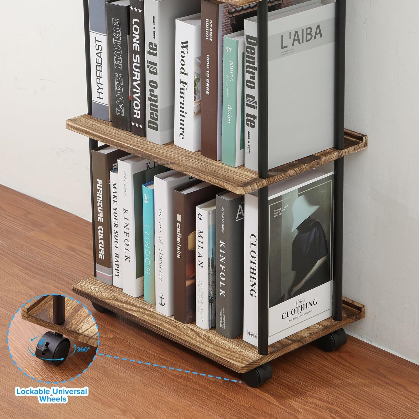 GETALL Tall Bookshelf with Wheels, 5 Tier Solid Wood Bookcase for Small Spaces, Corner Bookshelf Storage Organizer for CDs, Movies, Narrow Movable Shelfing Unit for Bedroom, Living Room