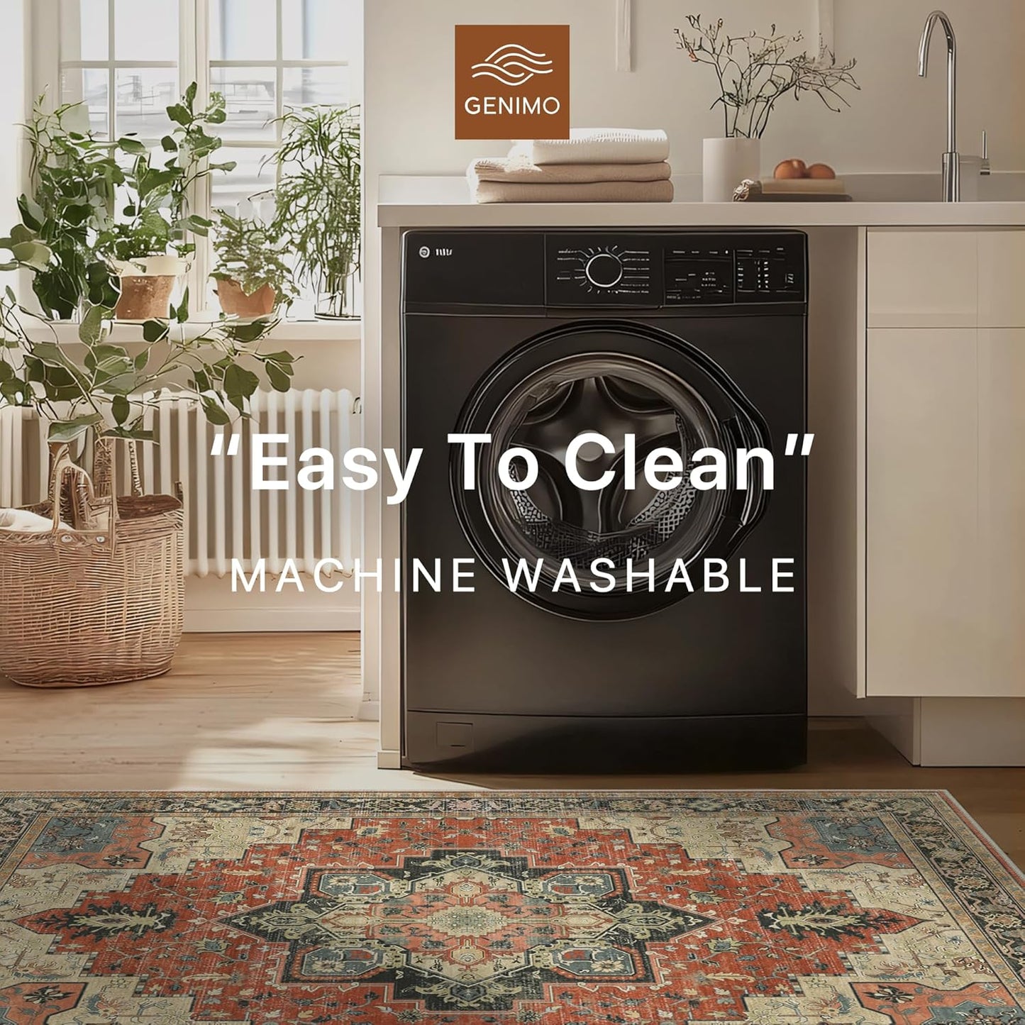 GENIMO 8x10 Area Rugs for Living Room, Machine Washable Non Slip Vintage Rugs, Low Pile Lightweight Chenille Print Rug for Bedroom, Dining Room, Home Office,Desert Ember