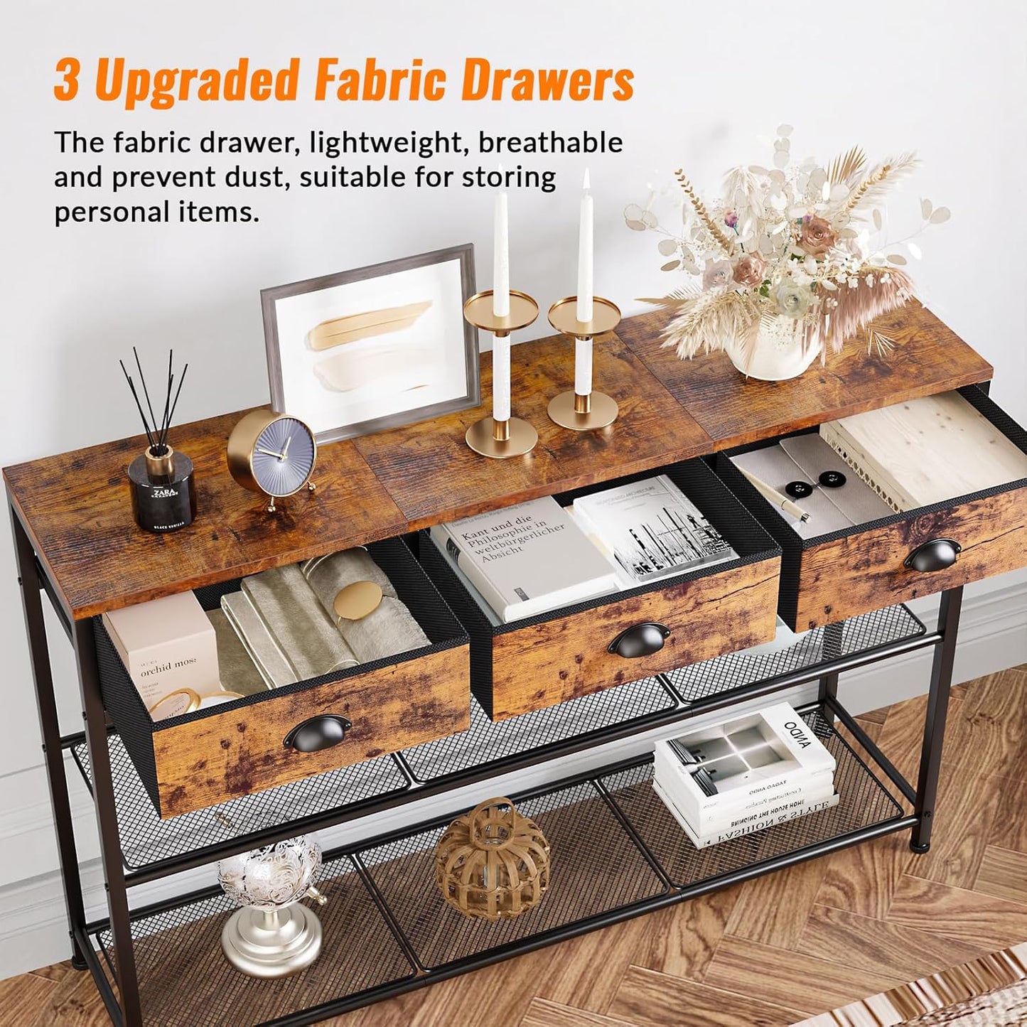 Furologee Entryway Table, 38'' Console Sofa Table with 3 Fabric Drawers, Industrial Entry Way Table with Storage Shelves, Display Shelf for Living Room, Hallway, Entrance, Foyer, Rustic Brown