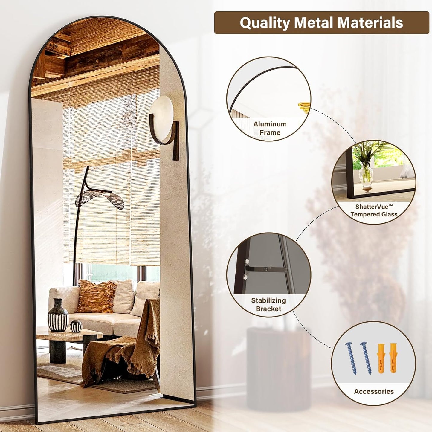 26''x 71'' Arched Full Length Mirror Floor Mirrors with Aluminum Alloy Frame Free-Standing Wall Mounted Floor Mirrors or Large Dressing Mirror, Black Mirror Full Length