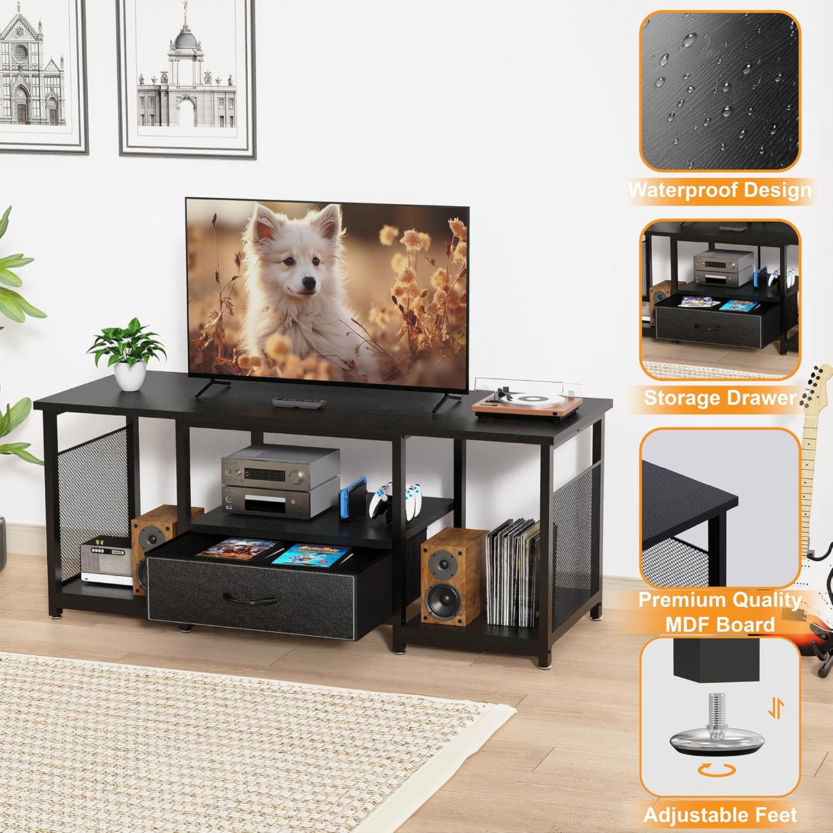 TV Stand with Drawers and Open Storage Shelves for 65 60 55 Inch TV, Entertainment Center with Open Storage Shelves, Industrial Media TV Console Table for Living Room Bedroom Office, Black
