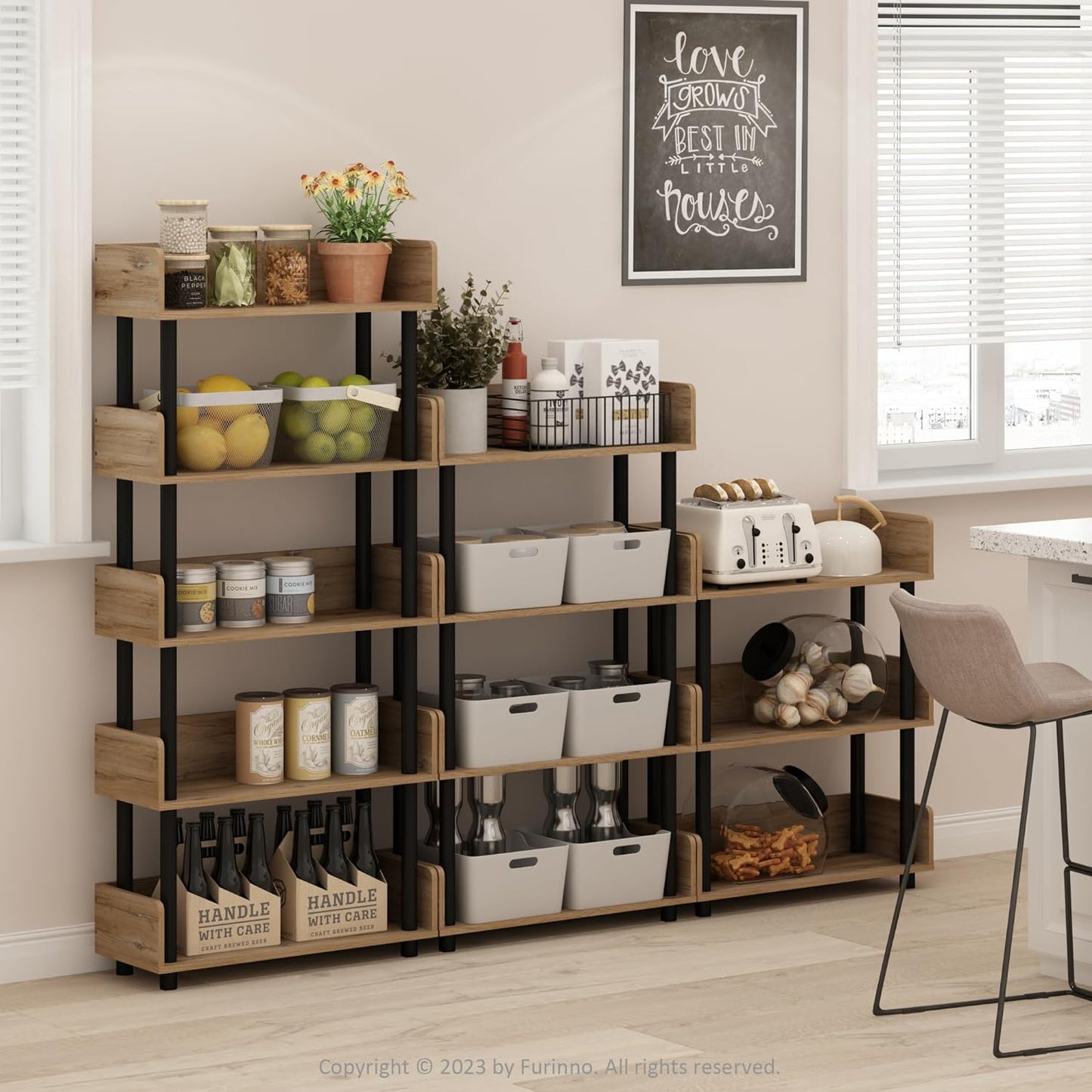 Furinno Turn-N-Tube 3-Tier Multipurposes Display Rack, Open Shelf Rack/Storage with Back & Side Panel, Flagstaff Oak/Black