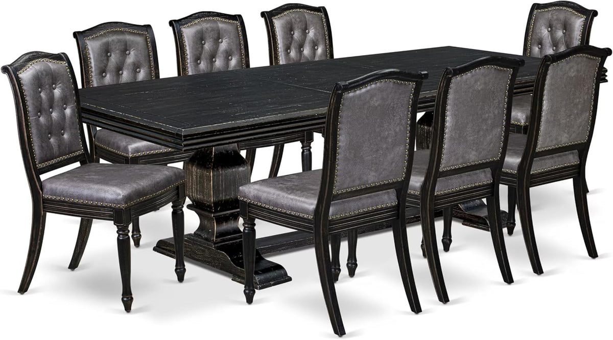 NKMA9-SBB-34, 9-pc Dining Table Set Consists of a Wooden Dining Table and 8 Dark Grey Polyester Fabric Parsons Chairs with Button Tufted Back, Sand Blasting Black Finish