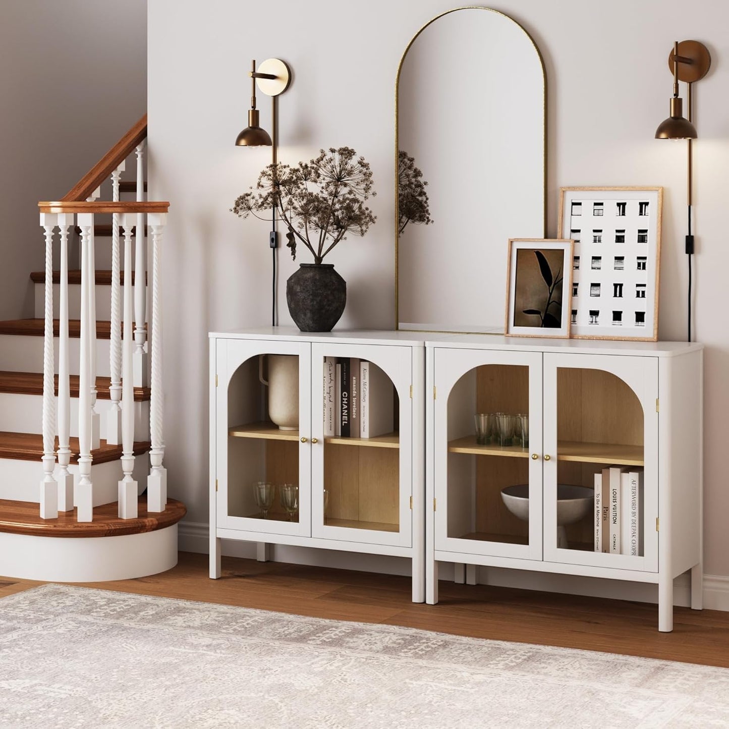 Nathan James Mason Wood Storage Cabinet Accent Sideboard Buffet Credenza TV Stand with Glass Doors and Adjustable Shelf for Dining Room, Entryway or Living Room, Clear Glass/White/Light Oak, Set of 2