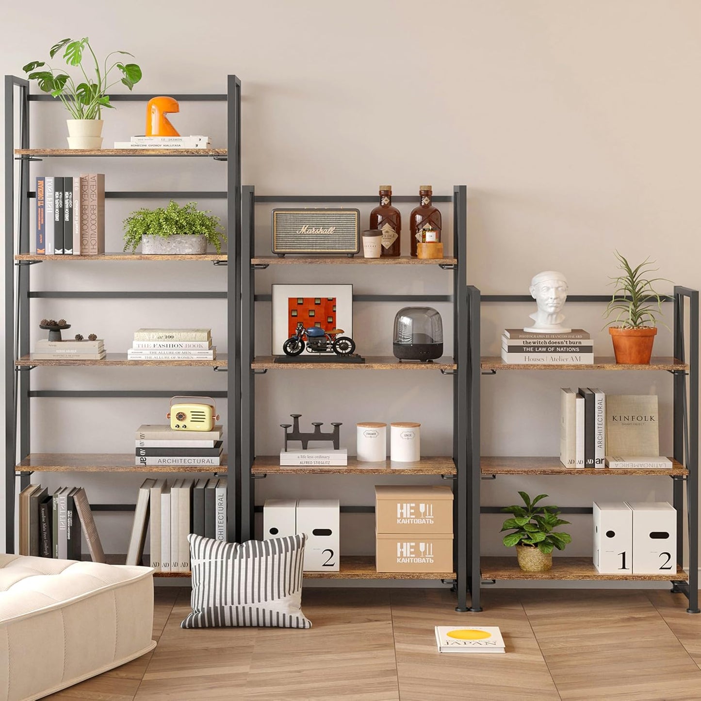 BHG Vintage Multifunctional Bookcase Folding Bookshelf, No-Assembly Plant Stand Storage Rack Shelves for Home Office (Fire, 4-Tier)