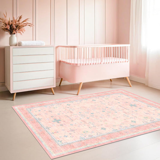 Nursery Area Rug 4x6 - Pink Rugs for Girls Bedroom, Living Room - Washable Low Pile Non-Slip Charming Boho Vintage Traditional Oushak Design, Perfect for Kids Rooms