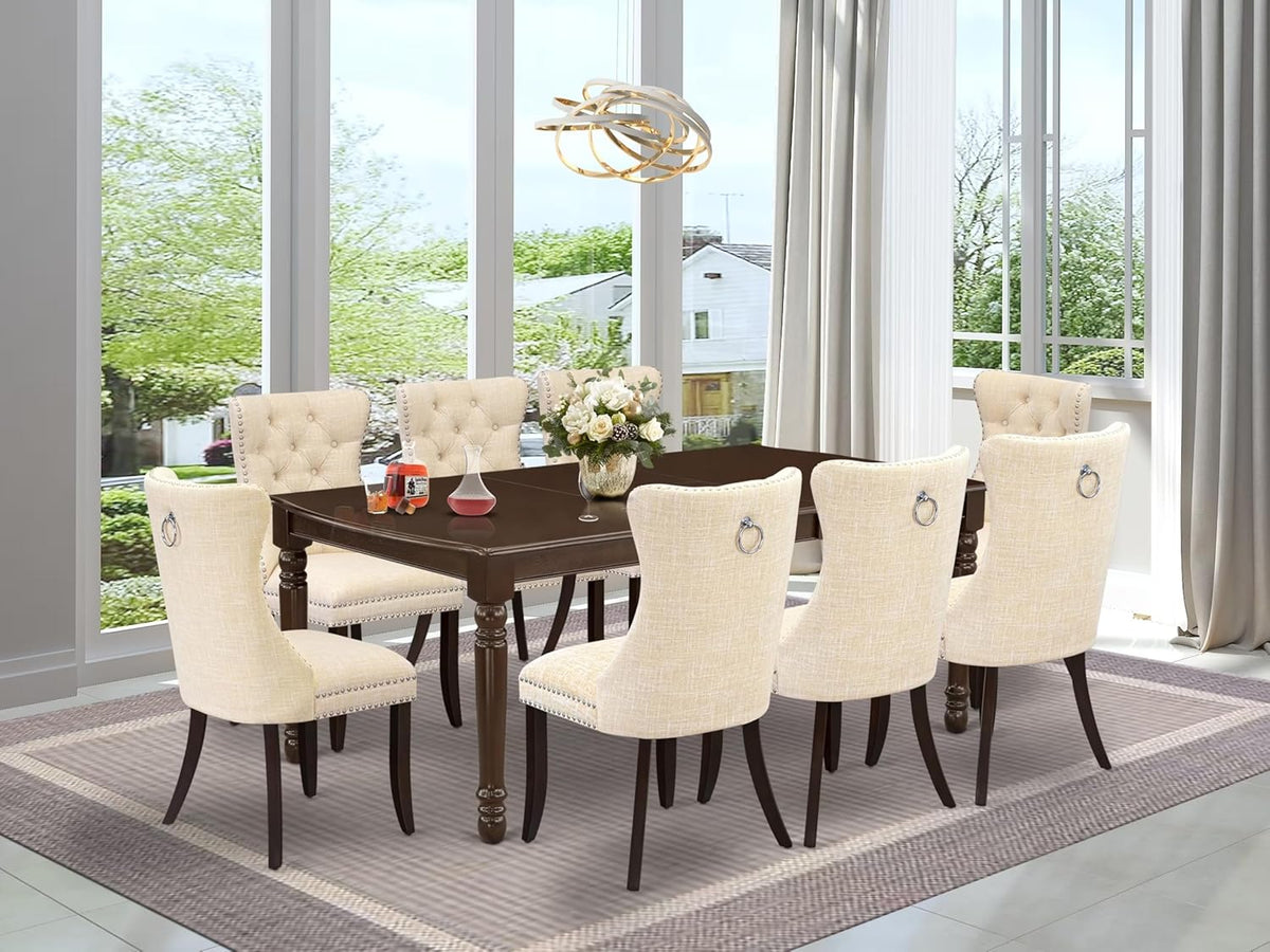 East West Furniture DODA9-MAH-32 9 Piece Dining Table Set Contains a Rectangle Kitchen Table with Butterfly Leaf and 8 Polyester Fabric Padded Chairs, 42x78 Inch, Mahogany