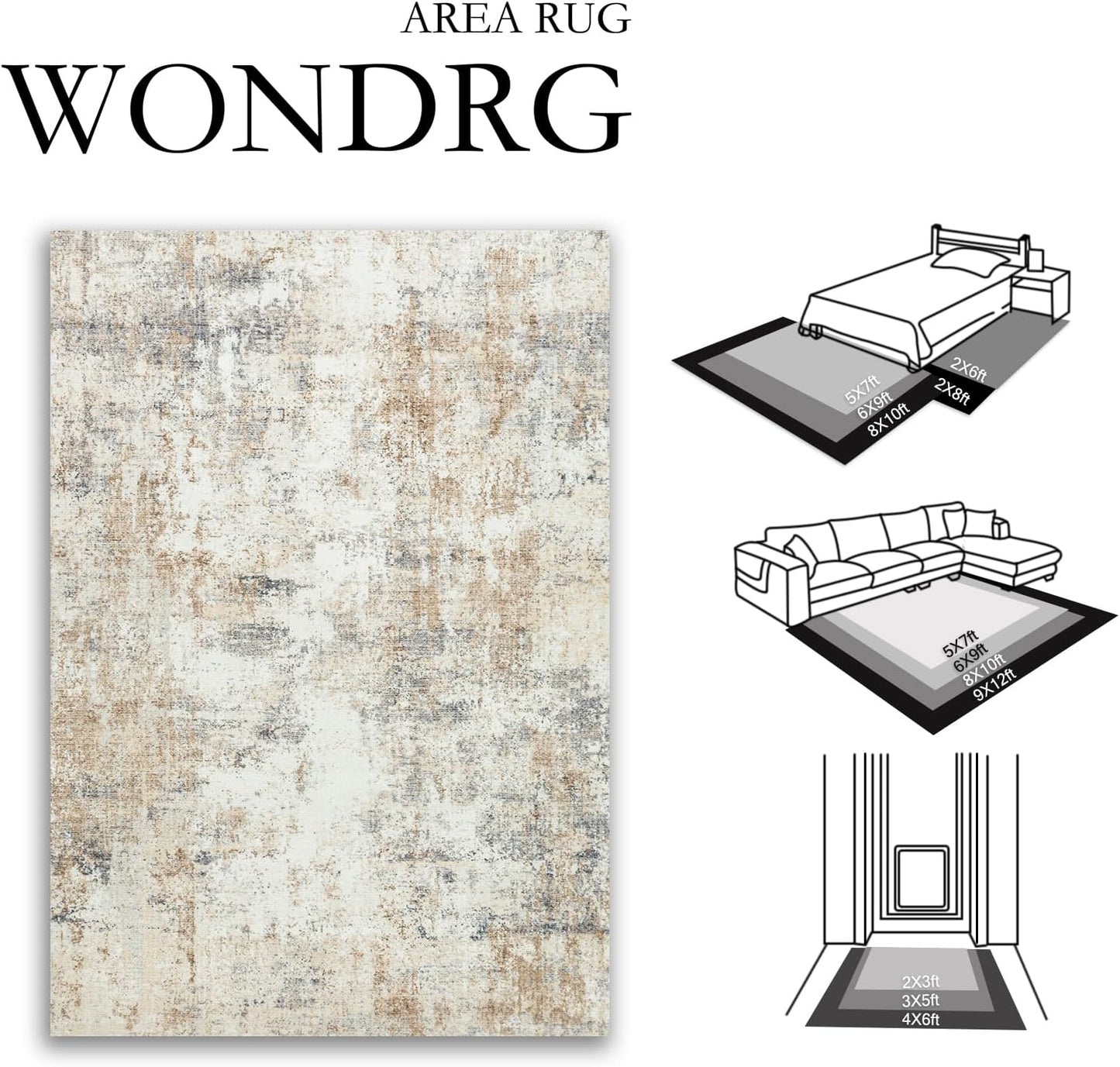 6x9 Washable Area Rug Gold Grey Neutral Abstract Living Room Bedroom Large Throw Rug Non Slip Soft Low Pile Indoor Floor Carpet for Dining Room Kitchen Office Entryway