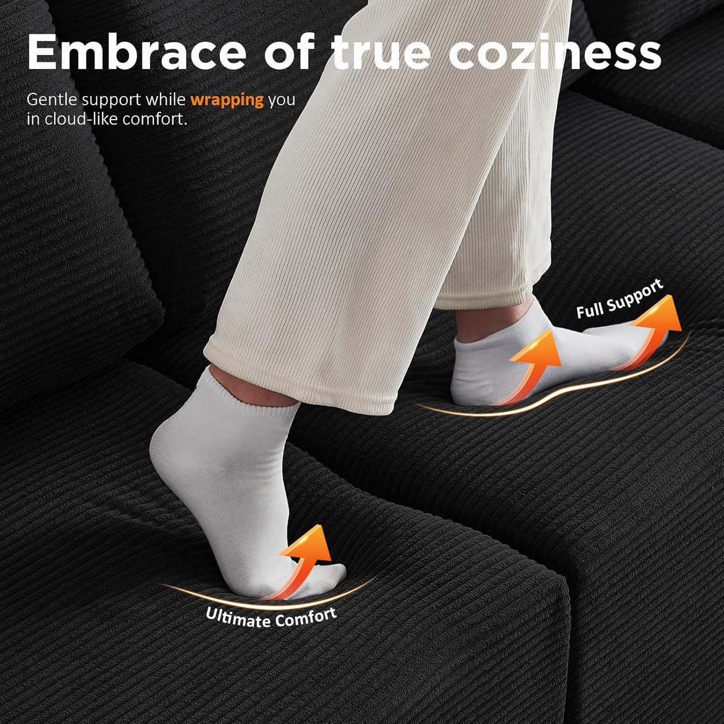 INGEROOM 108" Cloud Sectional Couch, Modular Sectional Sofa with L-Shaped Chaise, Modern Plush Corduroy Couch for Living Room Bedroom（Black）