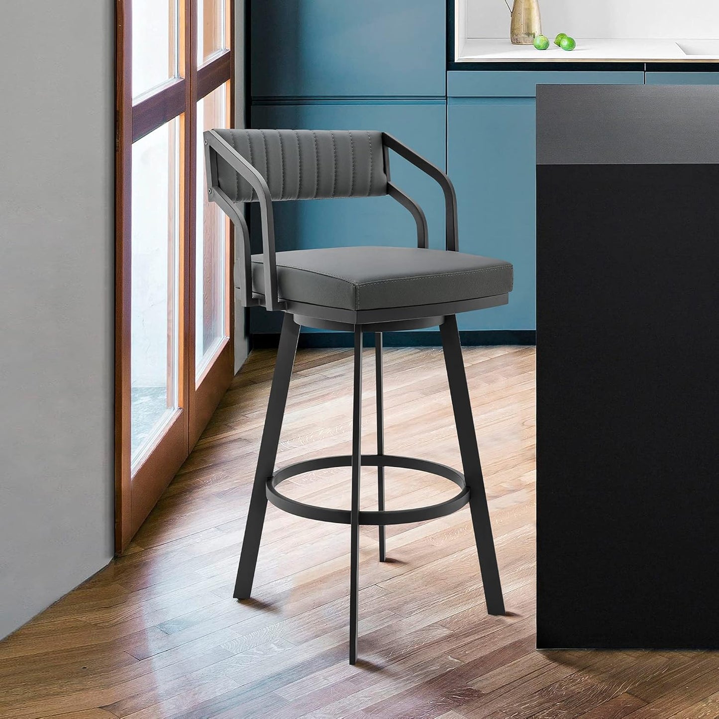 Armen Living Capri Modern 26" Seat Height Gray Faux Leather and Black Stainless Steel Metal Swivel Bar Stool for Kitchen Island Counter