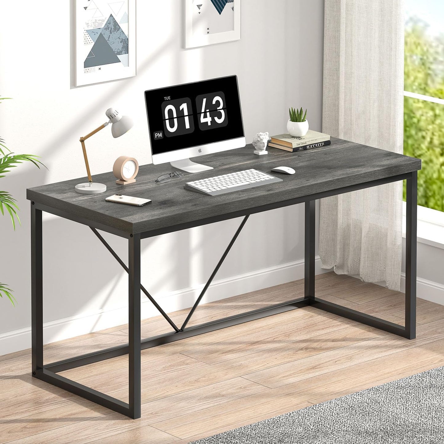 EXCEFUR Modern Home Office Desk, Wood and Metal Computer Desk, Industrial Writing Study Gaming Table for Living Room Bedroom, Rustic Grey, 53 inch