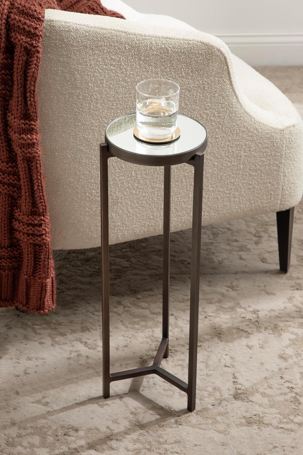 Kate and Laurel Aguilar Modern Mirrored Round Drink Table, 9 x 9 x 23, Bronze, Metal Accent Table with Mirrored Tabletop for Use as Small Plant Stand