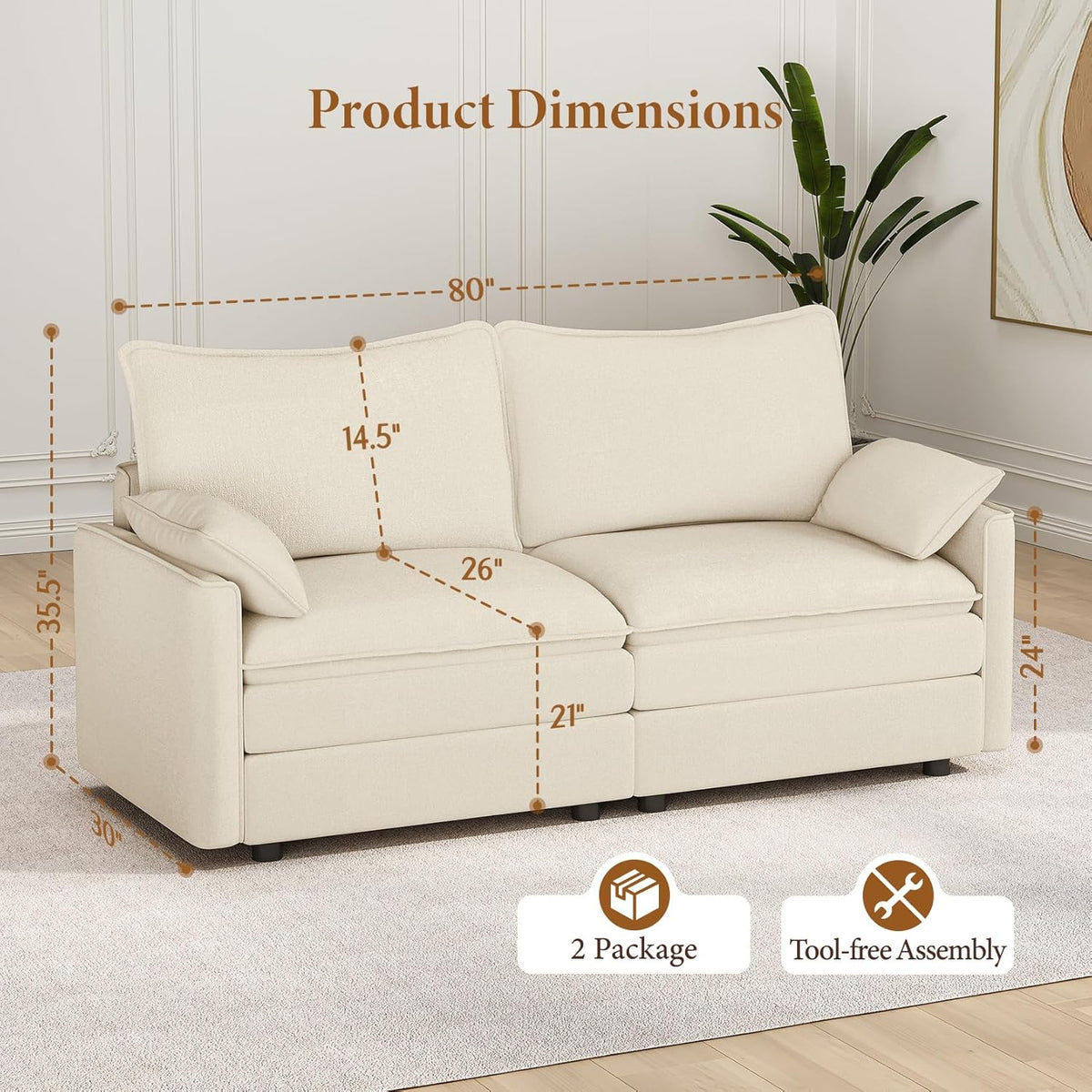 Vesgantti 74" Loveseat Sofa for Living Room, Comfy Cloud Couch Deep Seat Chenille Modern 2 Seater Small Sofa with Armrest Pillow, Easy Assembly for Small Spaces, Beige