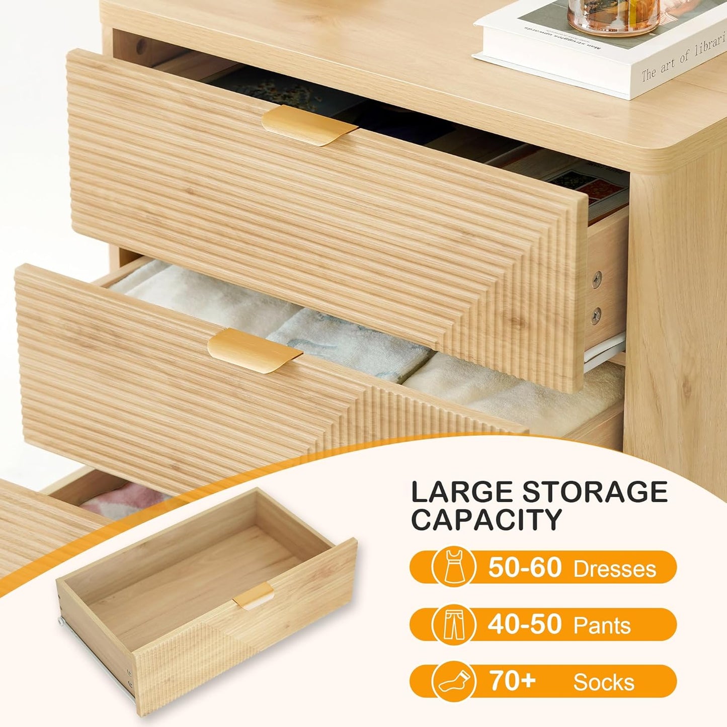 3 Drawer Fluted Nightstand for Bedroom, Modern Wood Chest of Drawers with Curved Profile, Fluted Dresser & Wood Drawer Organizer for Bedroom and Hallway