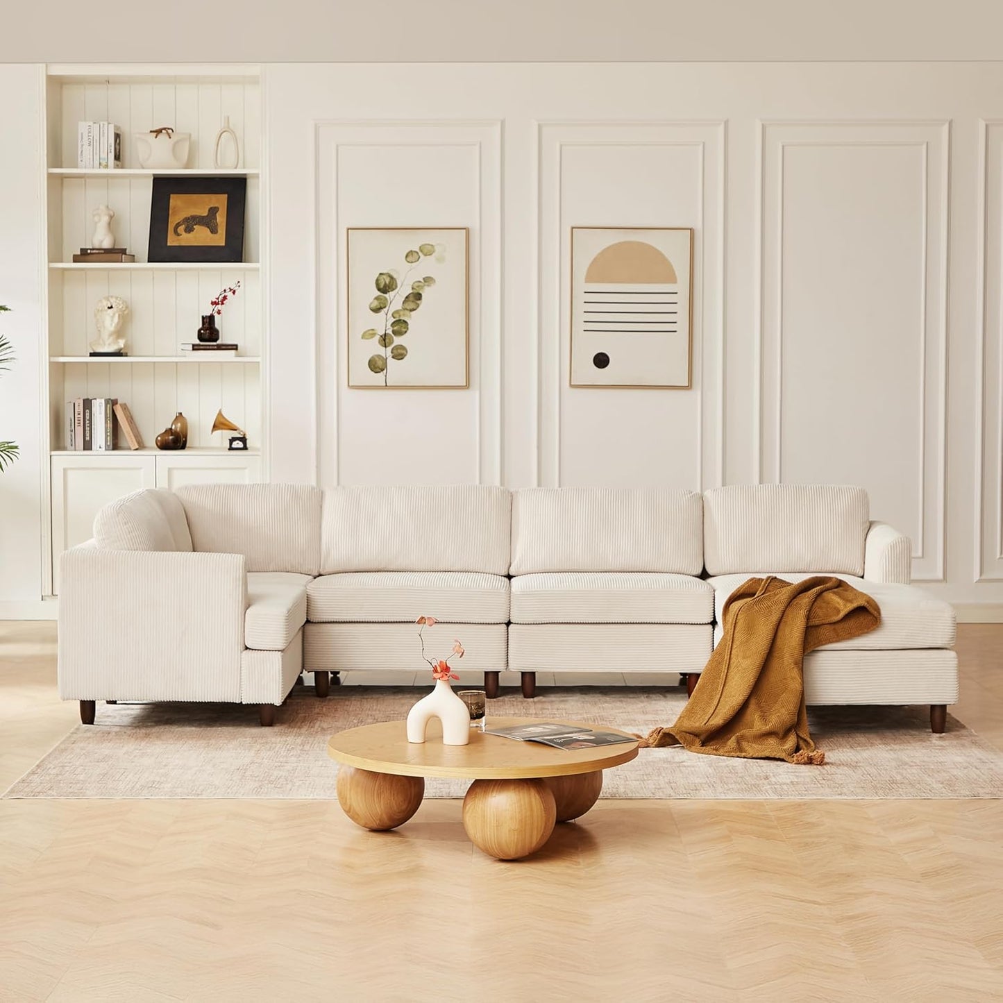 127.5" L/U-Shaped Sectional Couch with Movable Ottoman & 6 Removable Back Cushion, Corduroy Fabric Upholstered 6 Seat Modular Sleeper Sofa,DIY Free Combination Couches for Living Room,Beige