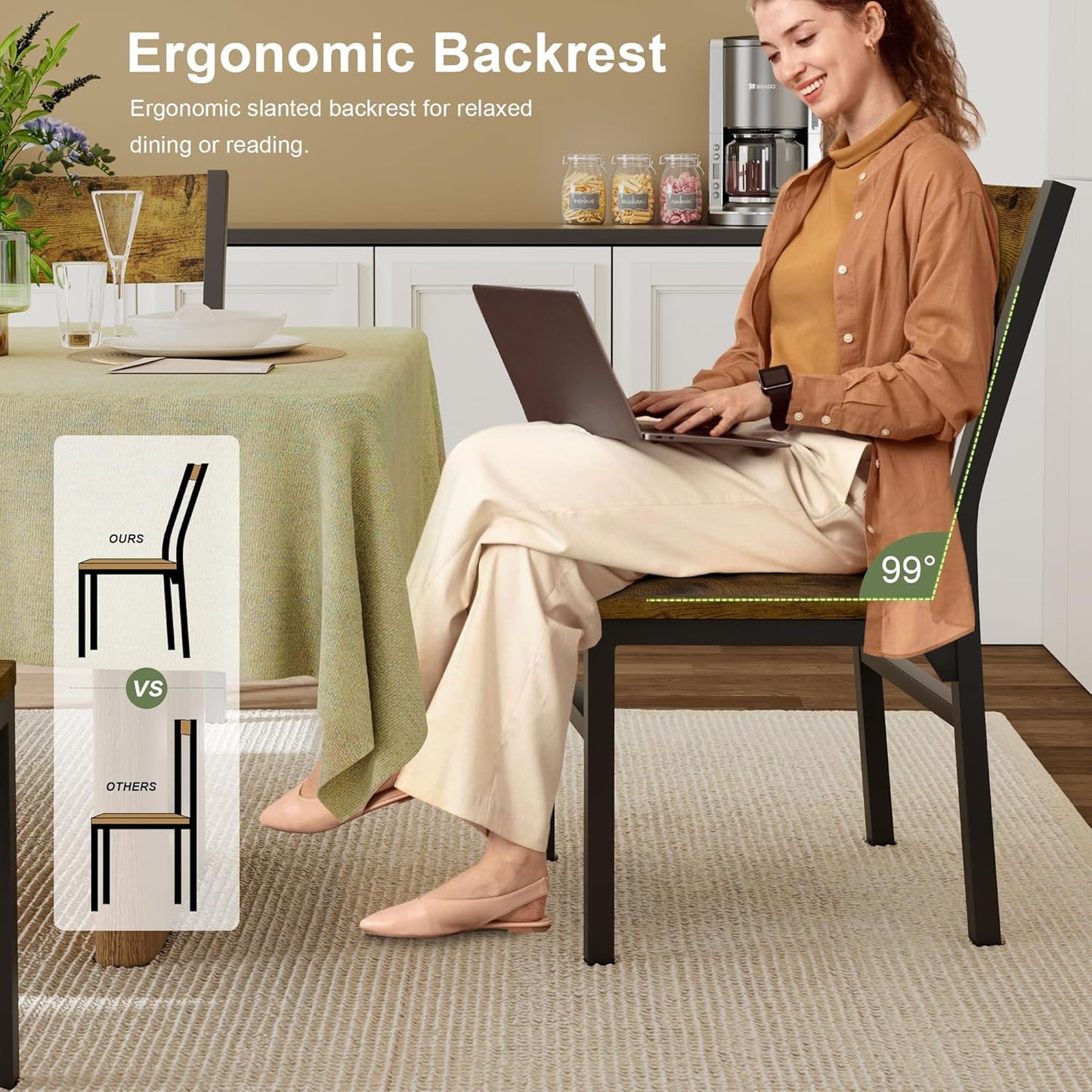 Feonase Dining Chairs Set of 6, Modern Kitchen Chairs with Ergonomic Backrest, MDF Board and Metal Legs, Dinner Chairs for Dining Room, Kitchen and Living Room, Rustic Brown