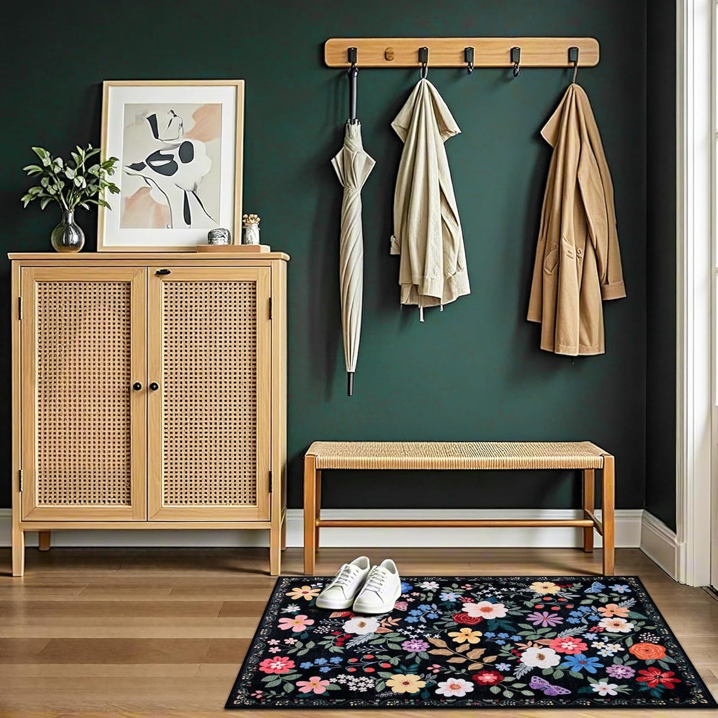 Entryway Rug 2X3 Small Rugs: Floral Washable Door Mat Vintage Soft Low Pile Non-Slip Kitchen Rugs Stain Resistant Indoor Throw Rug for Entrance, Bedroom, Kitchen, Laundry, Bathroom Black