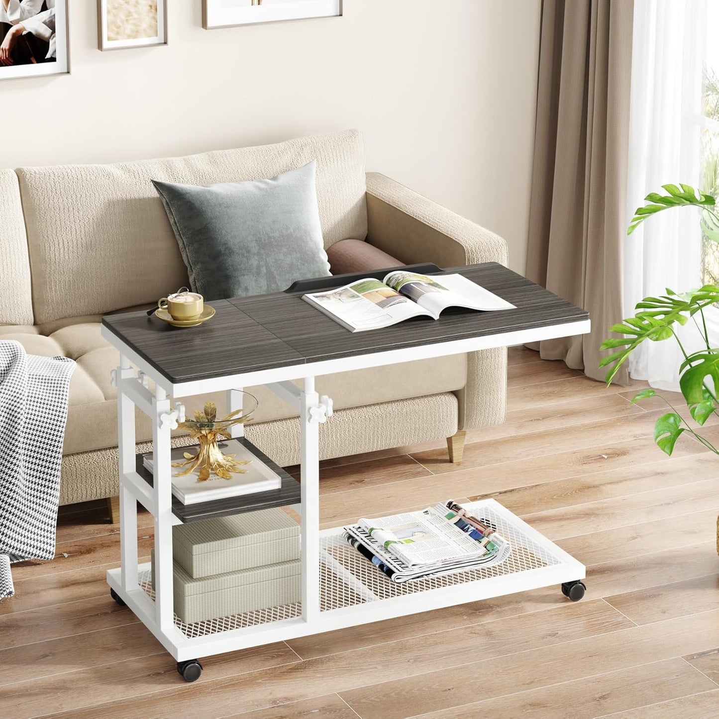 Tribesigns Height Adjustable C Table with Wheels, Mobile Couch Snack Side Table with Tiltable Drawing Board, Sofa Bedside Laptop Stand C Shaped TV Tray with Storage Shelves (Grey+White)
