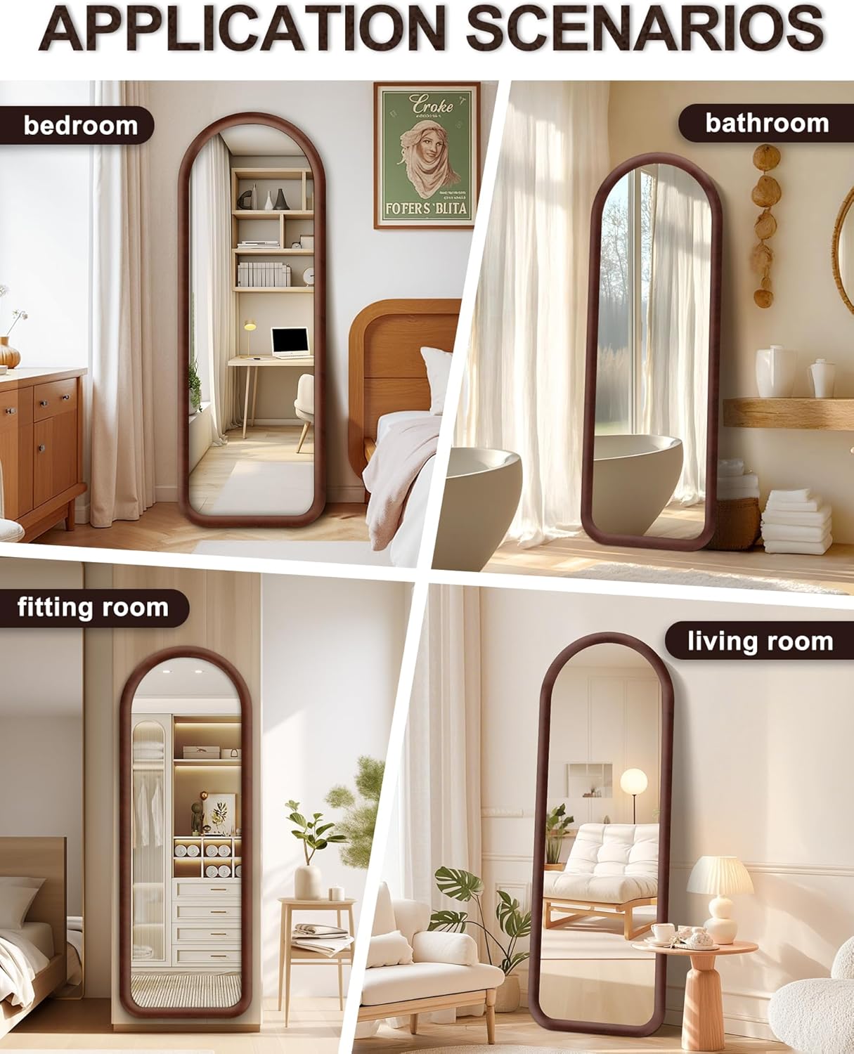 Delma Arched Full Length Mirror, Free Standing Floor Plush Flannel Frame Mirror for Leaning or Hanging, Soft Touch Bedroom & Living Room Decor, Dark Brown