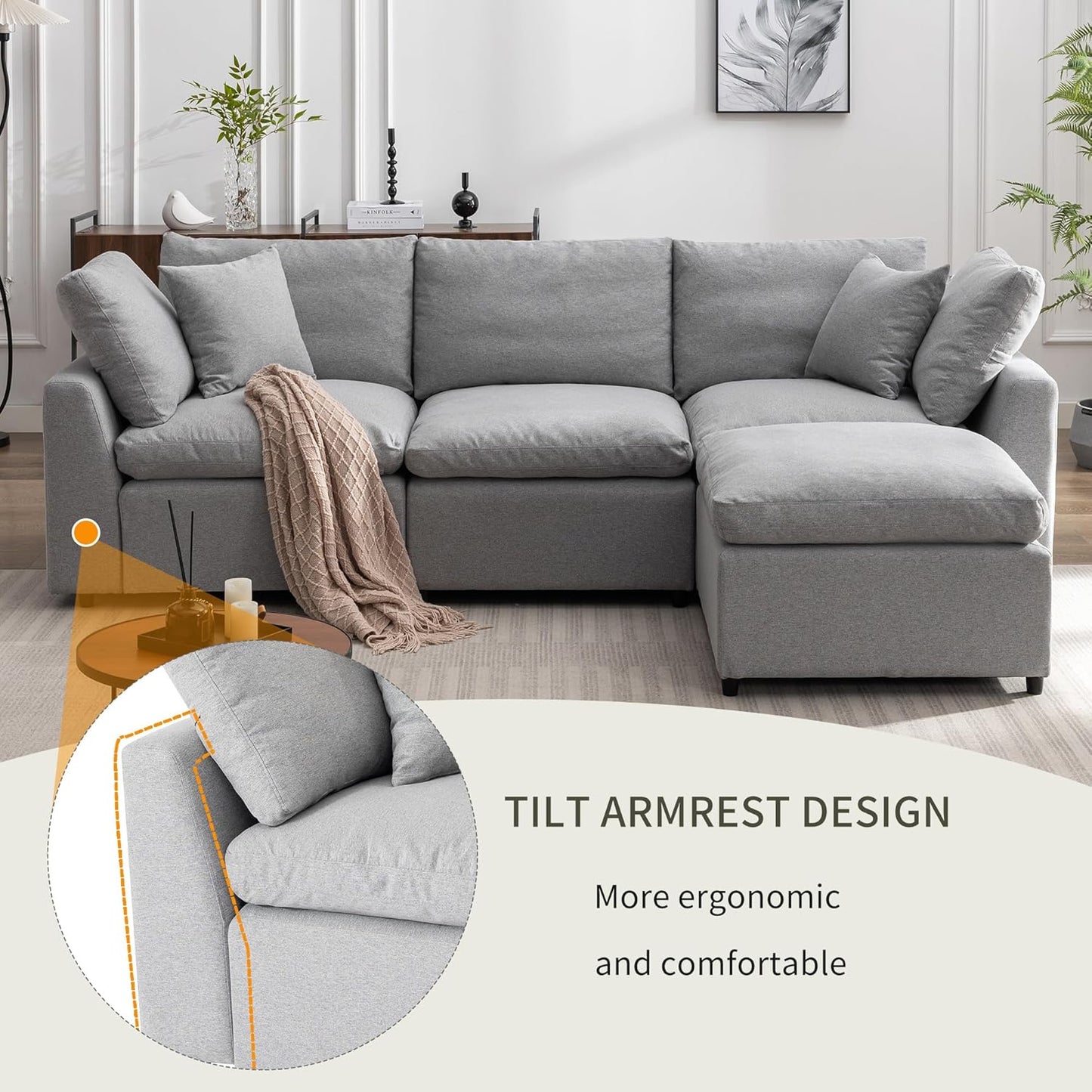 104.3 Inch L-Shaped Modular Sectional Sofa with Reversible Chaise and Pillows, Down Filled Upholstered Convertible Corner Couch for Living Room, Bedroom, Office, Apartment, Light Gray