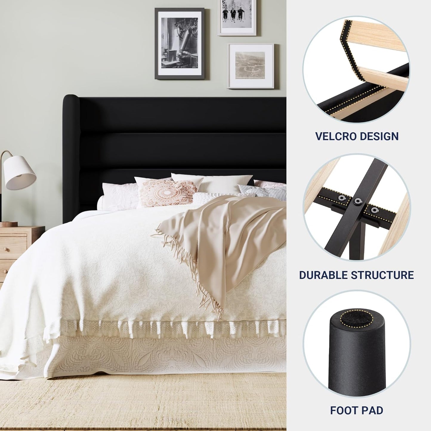 Allewie King Size Platform Bed Frame with Velvet Upholstered Wingback Headboard, No Box Spring Needed, Under Bed Storage Space, Strong Wooden Slats, Modern Mattress Foundation, Easy Assembly, Black