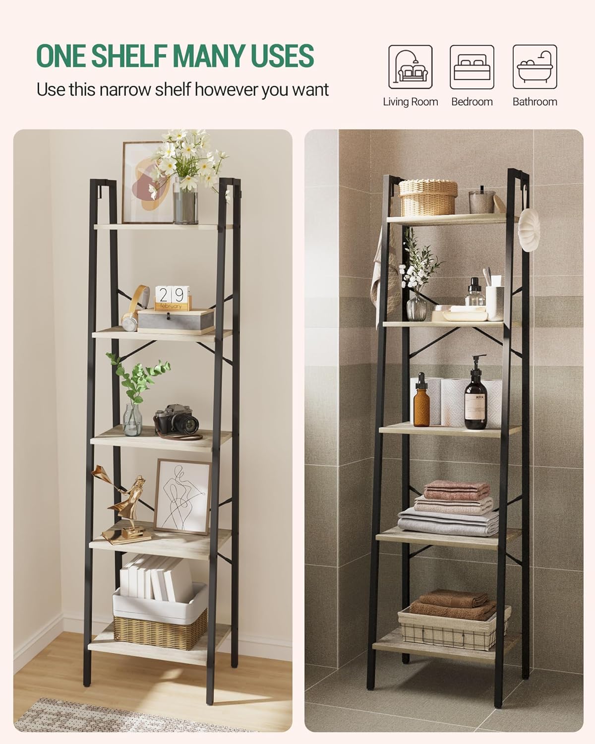 Ladder Shelf, Bookshelf Bookcase, Freestanding Corner Storage Shelve with 2 Hooks for Home Office, Living Room, Kitchen, Bedroom, Industrial, 5-Tier Greige BC19205B