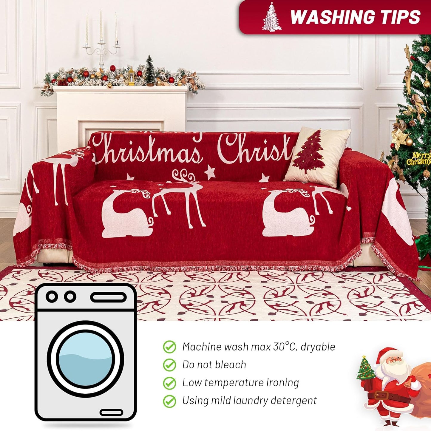 MYSKY HOME Christmas Couch Cover for Dogs, Washable Couch Covers, Non Slip Sofa Slipcover, Couch Cover 2 Cushion Sofa Dogs Furniture Protector, Chenille Sofa Covers for Pets, Kids, 71"x102", Red