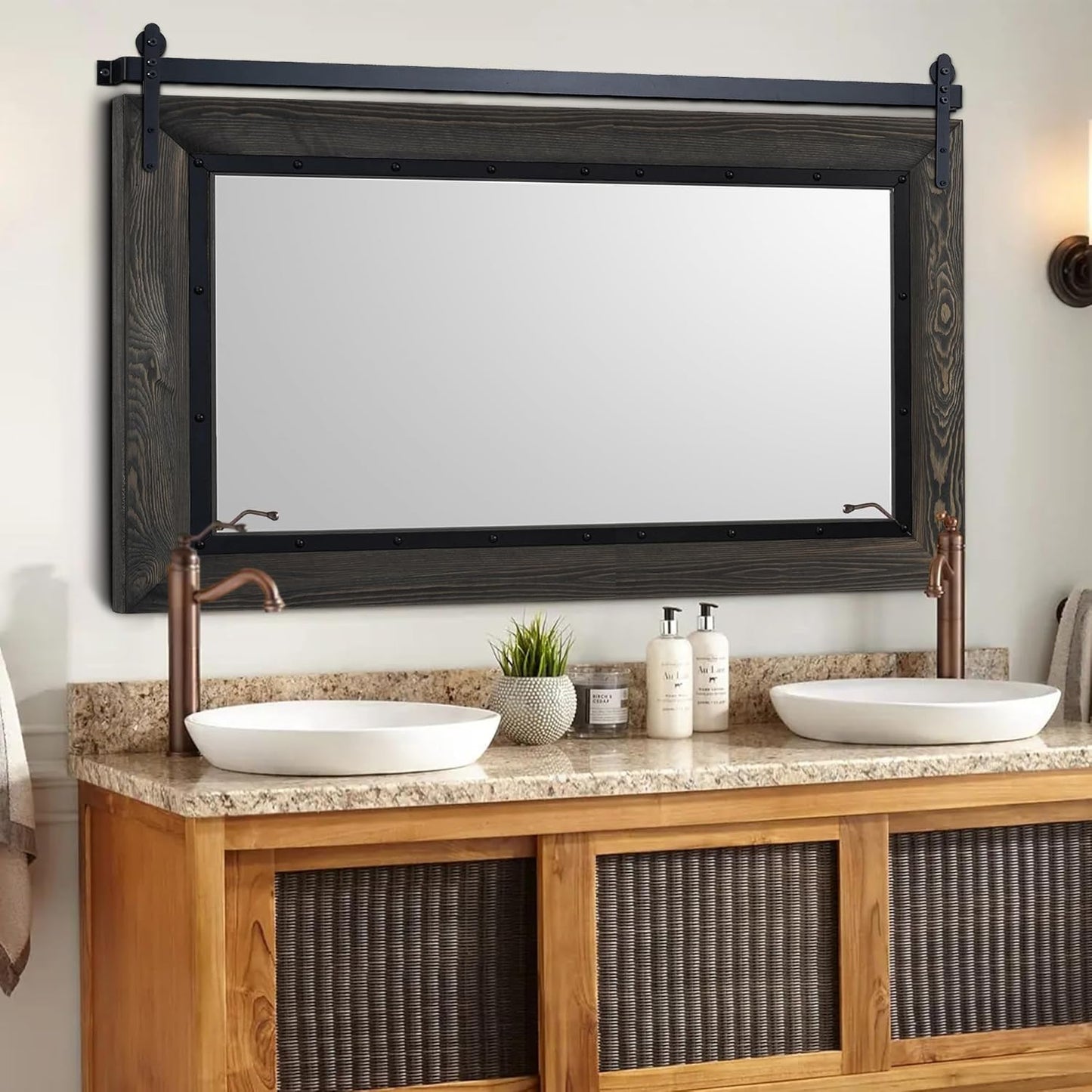 YOSHOOT Farmhouse Barn Door Mirror, 48"x30" Rustic Bathroom Mirror, Wood Frame Wall Mirror, Wooden Mirror for Living Room Bedroom Entryway Wall Décor, Horizontal Hanging ONLY