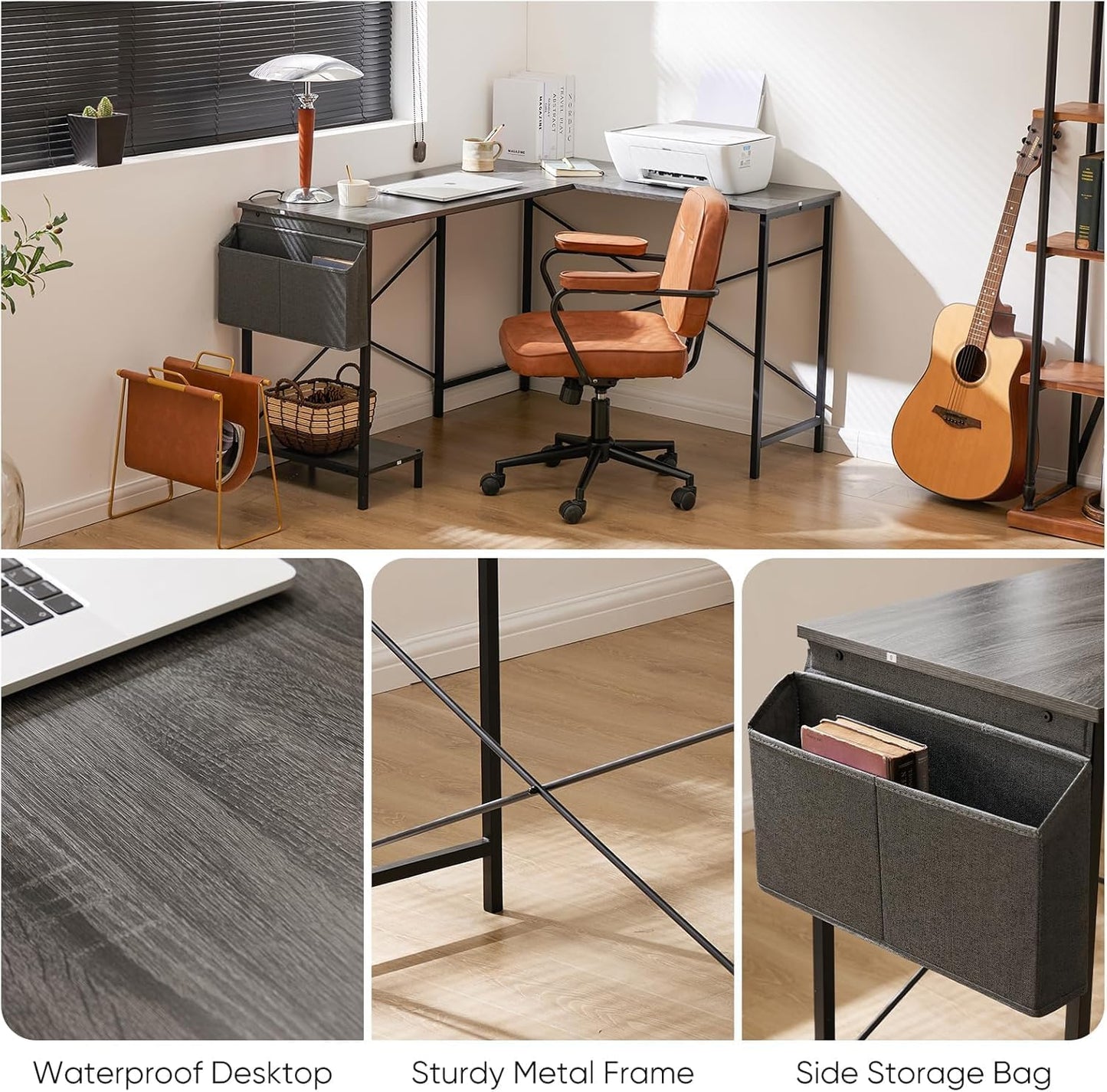 Whitmor L Shaped Gaming Desk - 50 Inch Reversible Corner Computer Desk with Wood Top, Metal Frame, CPU Stand & Side Bag, Home Office Dorm Sturdy Writing Workstation, Grey