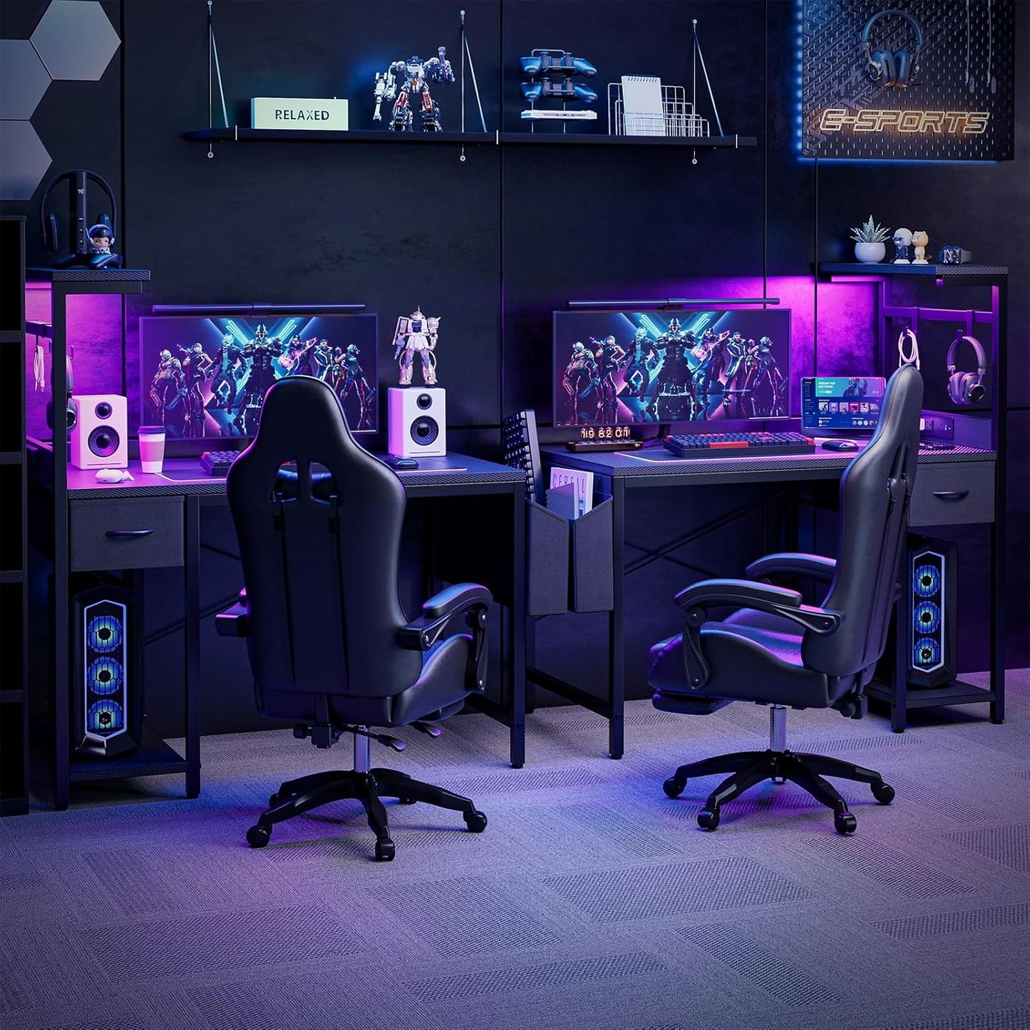 Gaming Desk 55 Inch with Power Outlet and LED Light, Computer Desk with Reversible Shelves and Storage Drawer, Pc Small Table for Home Office Table with Bag, Carbon Fiber Black