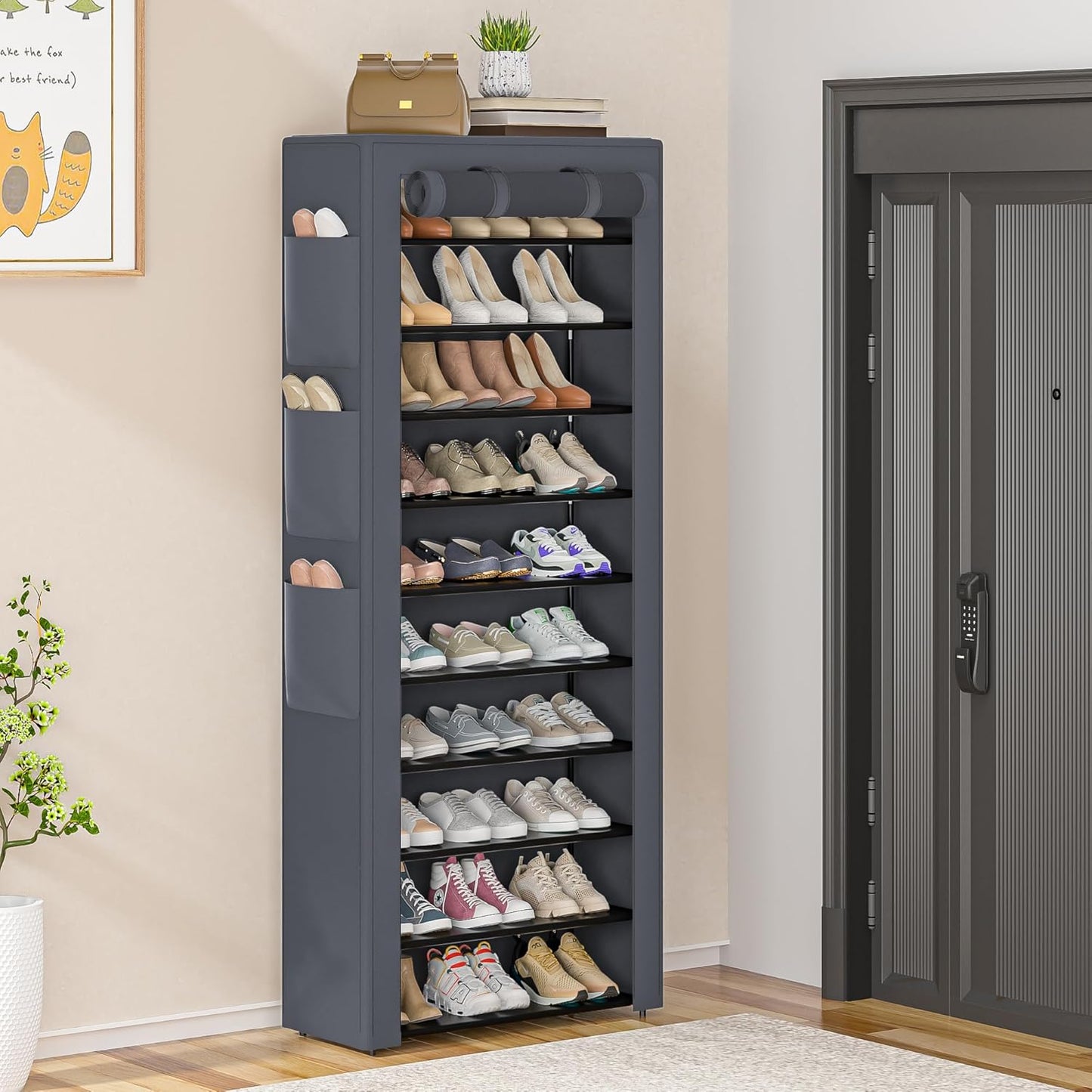 Shoes Rack 10 Tier Tall Shoe Rack with Storage Pockets, Fabric Covered Shoe Racks,Metal Shoes Rack Organizer for Closets,Bedroom, Garage