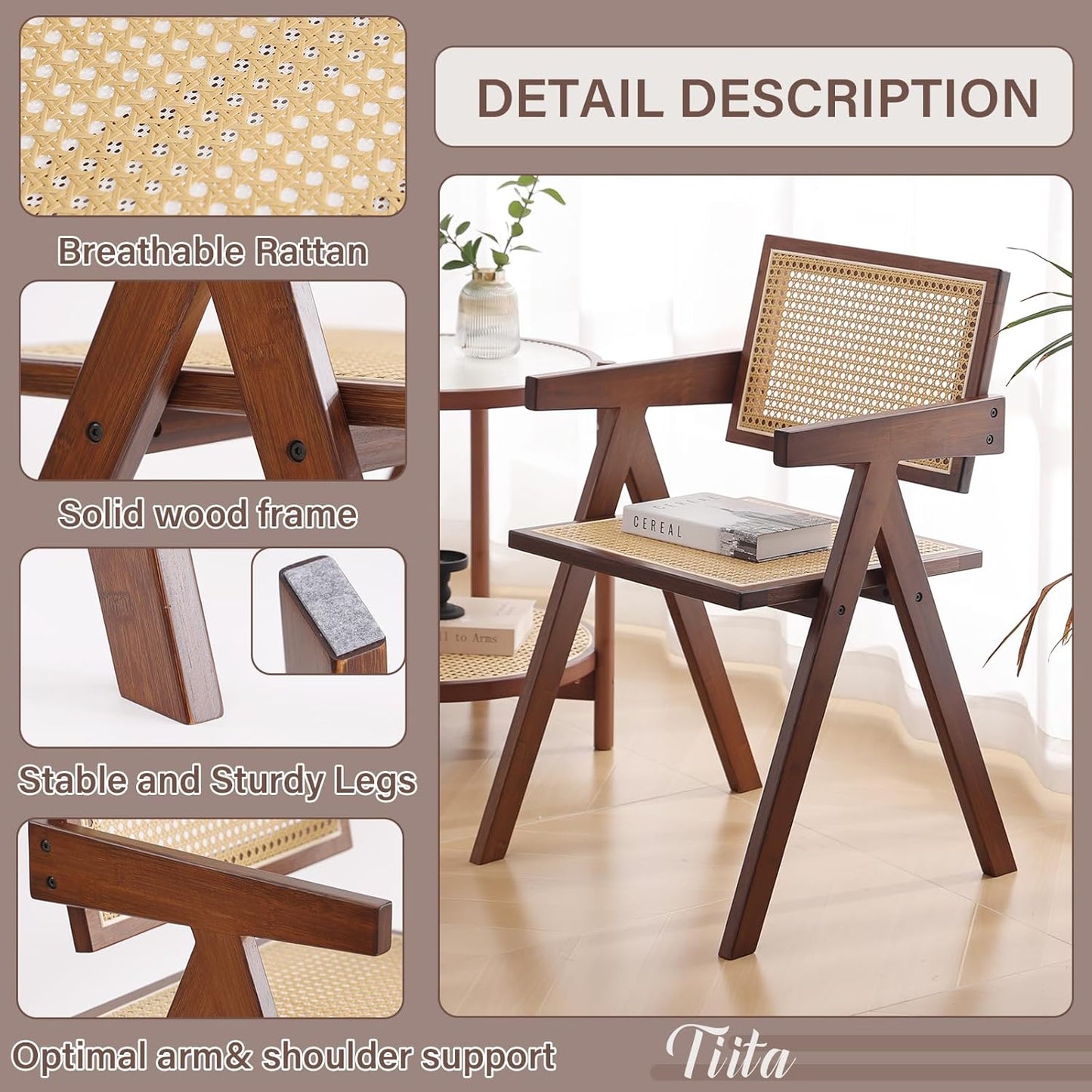 Tiita Rattan Dining Chairs Set of 2, Mid Century Modern Armchairs, Wooden Kitchen Chairs for Dining Room, Living Room, Walnut