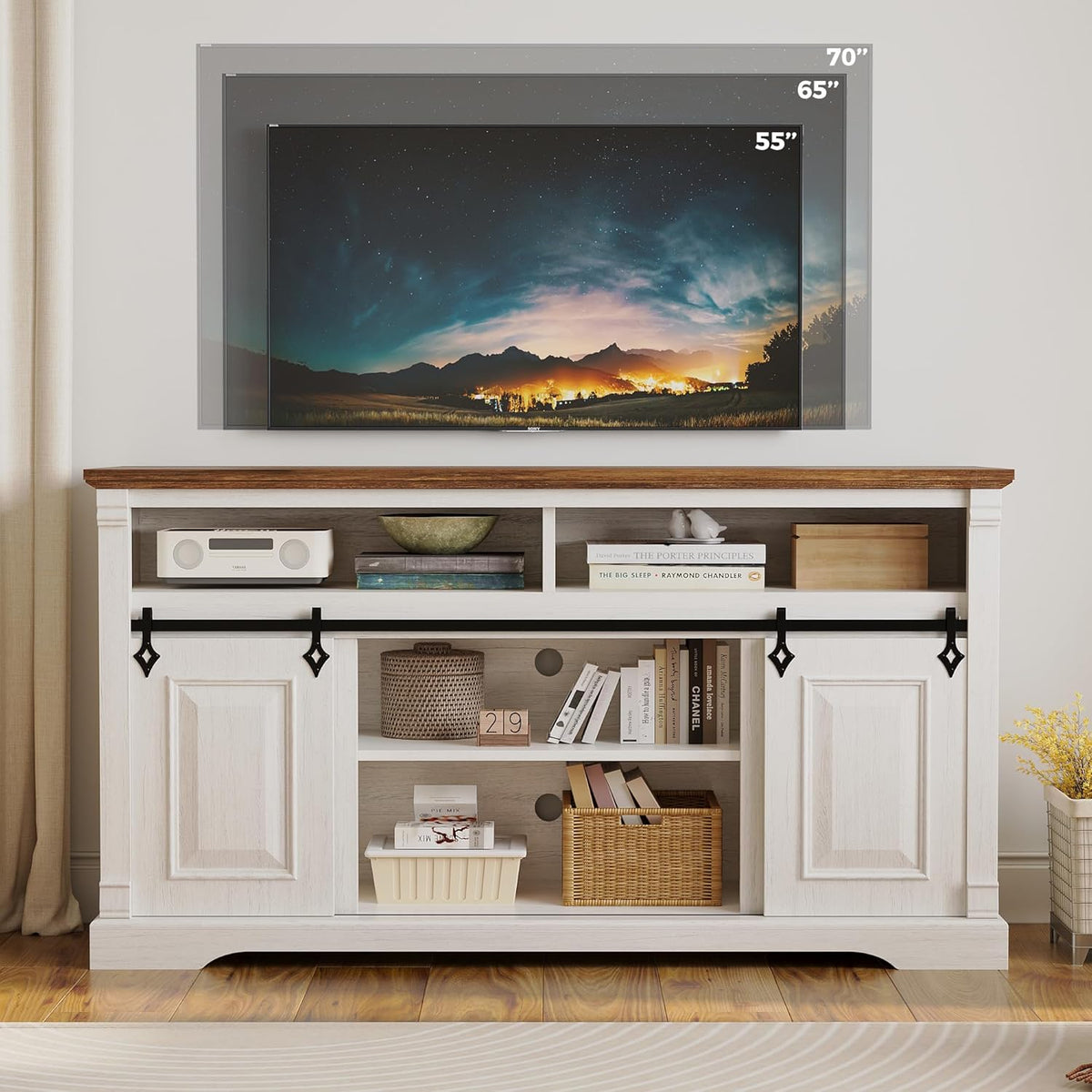 IRONCK Farmhouse TV Stand for 65+ Inch TV, 59" Entertainment Center with Storage Cabinets and Sliding Barn Door, Media Console for Living Room, White