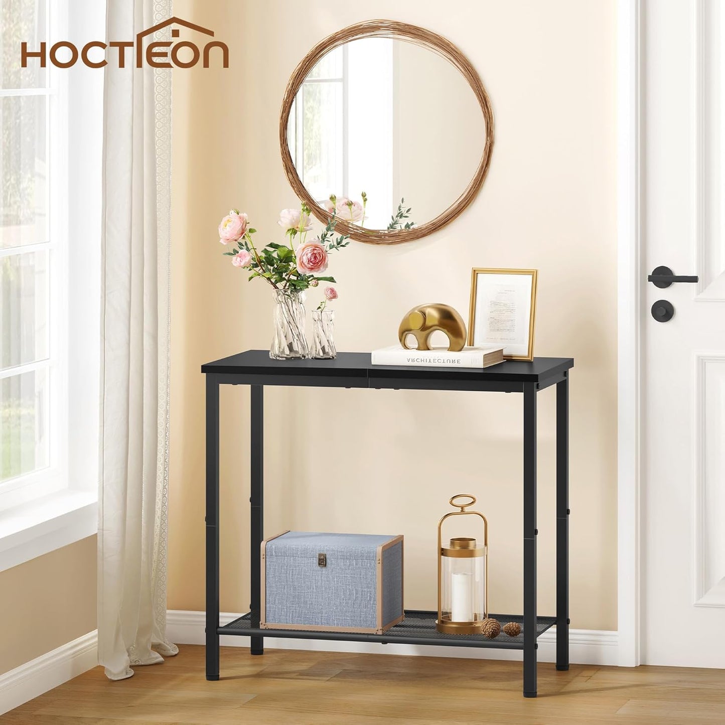 Hoctieon 2 Tier End Table, Sofa Side Table, Narrow Side Shelf with Storage, Slim Nightstand for Small Spaces, Metal Frame, for Living Room, Bedroom, Sofa Couch, Hall, Black, 2 Set