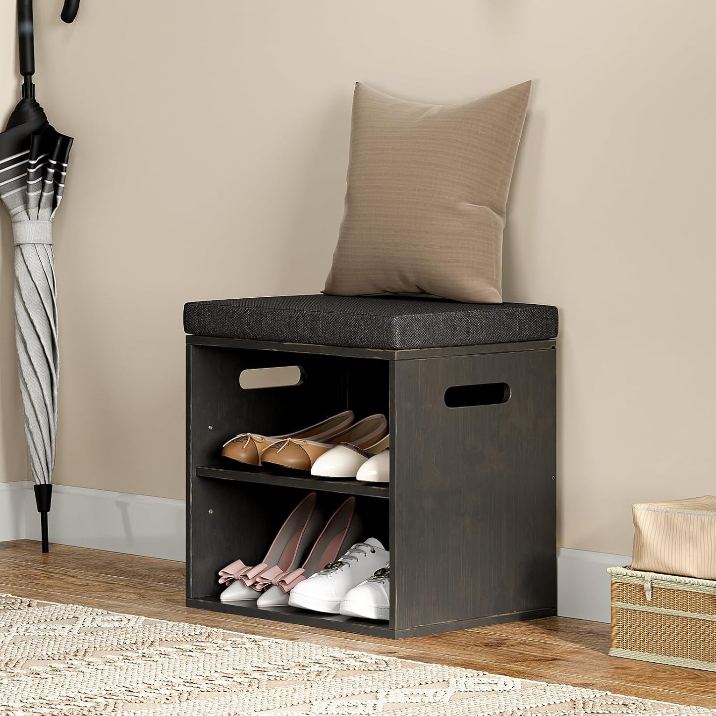Bamboo Small Shoe Bench for Entryway 2 Tier Shoe Storage Bench with Cushion Adjustable Shoe Rack with Padded Seat for Living Room Hallway (Antique Black)