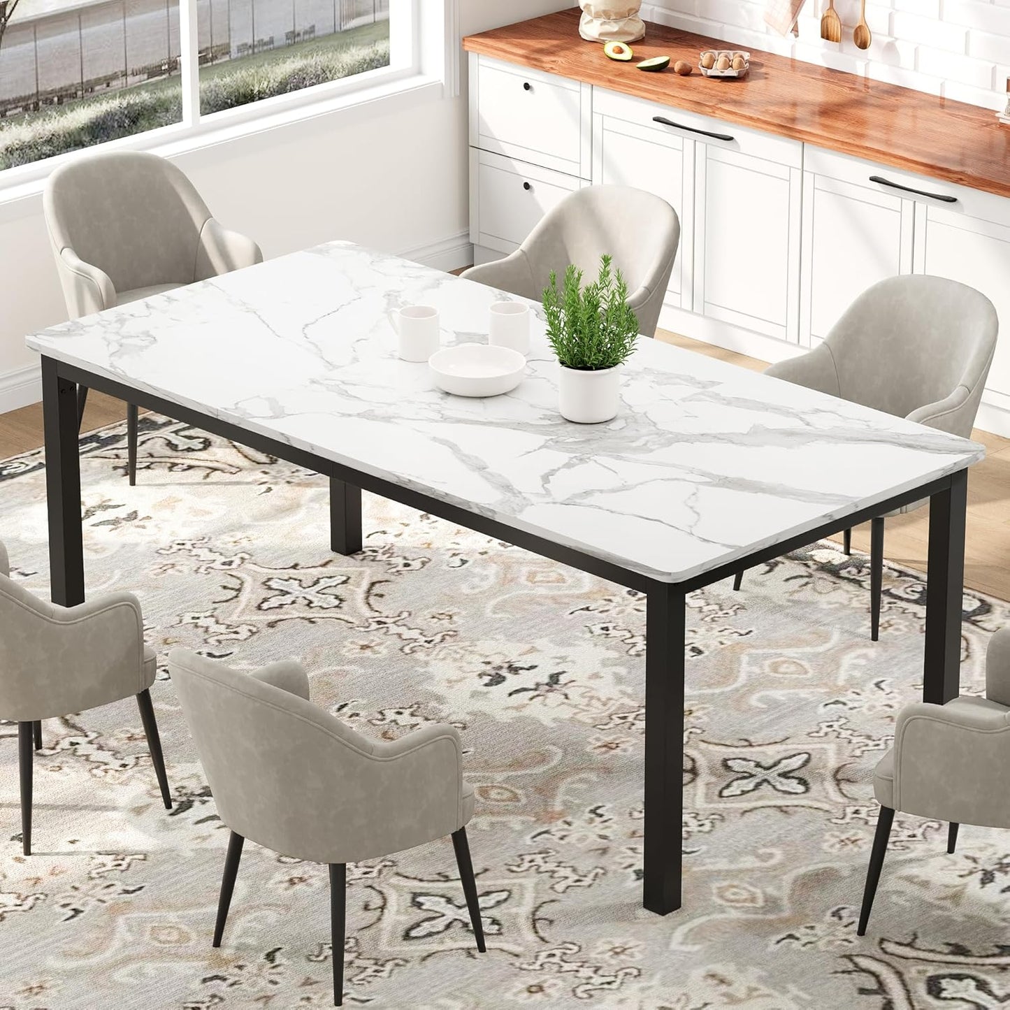 GarveeHome 78.7in Industrial Dining Table for 6, Wooden Long Dinner Table with Mortise Tenon Design, Kitchen Table with Sturdy Metal Legs, for Dining Room Home Office Living Room, White