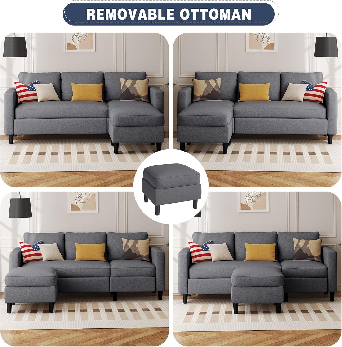 Small Sectional Sofa Couch, 3 Seat L Shaped Couches with Ottoman, Upholstered Fabric Convertible Sofa, Small Couch for Apartments, Living Room and Office (Dark Grey)