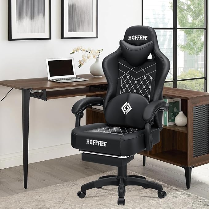 HOFFREE Gaming Chair with Speakers Massage Computer Gaming Chairs for Adults Reclining Bluetooth Game Chairs with Pocket Spring Cushion Video Game Chair with Footrest Computer Office Desk Chair Black