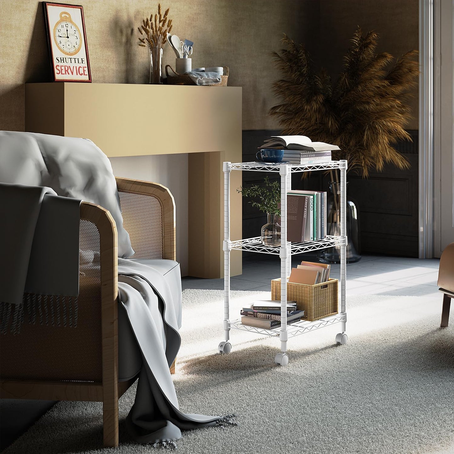 3 Tier Shelf Metal Storage Shelves Wire Rack Closet Organizers with Wheel for Garage Kitchen Bathroom Laundry White 11.8" D x 17.7" W x 29.8" H