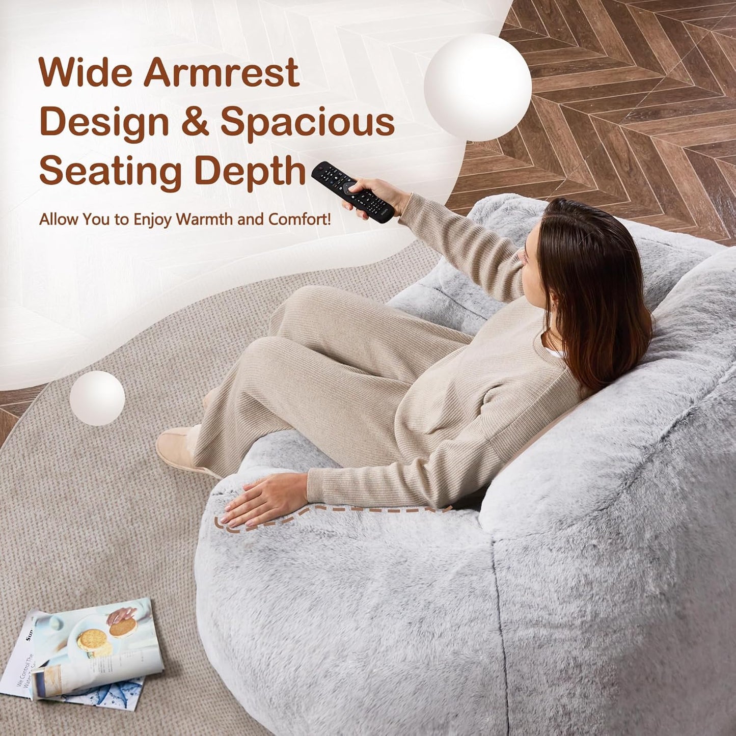 Homguava Beanbag Chair Bean Bag Chairs for Adults Bean Bags Giant Bean Bag Sofa with Spacious Cushion Bean Bag Couch with Armrest Large Bean Bag Chair with Filler for Living Room Bedroom (Light Grey)