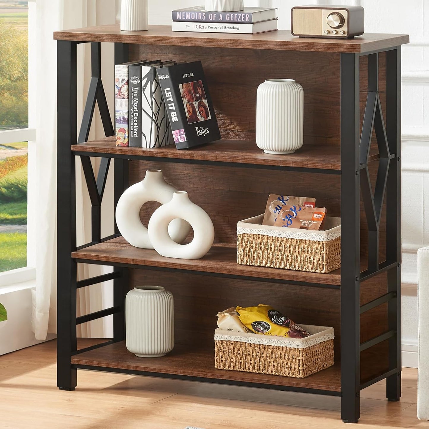 HOMISSUE Bookshelf, 4-Tier Rustic Short Bookshelf, Industrial Shelf Bookcase with Engineered Wood Shelves, Low Bookcase with Storage, Small Shelf for Living Room, Bedroom and Office, Rustic Brown