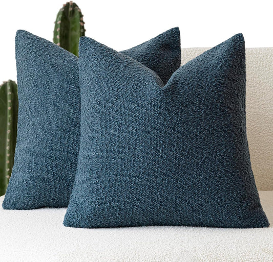 Foindtower Pack of 2 Modern Textured Boucle Throw Pillow Covers Accent Solid Decorative Pillow Cases Cozy Woven Couch Cushion Case for Chair Sofa Bedroom Living Room Home Decor, 18 x 18 Inch,Blue